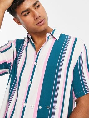 ASOS Design Striped Button Up Shirt Blue Pink White Medium